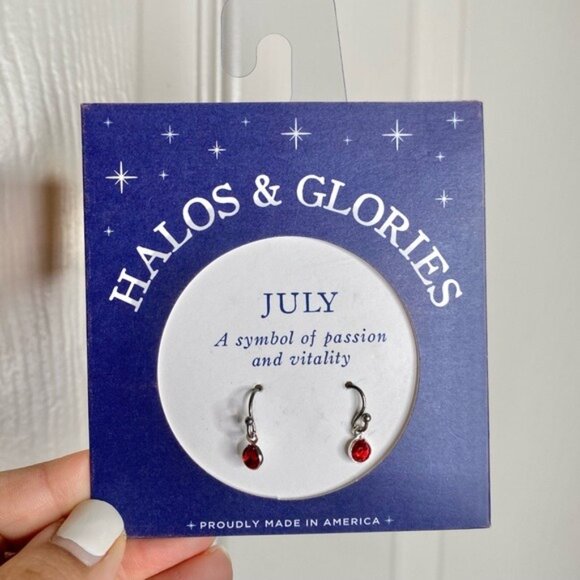 NWT Alex and Ani Halos & Glories July Red Crystal Shiny Silver Drop Earrings - Picture 3 of 4